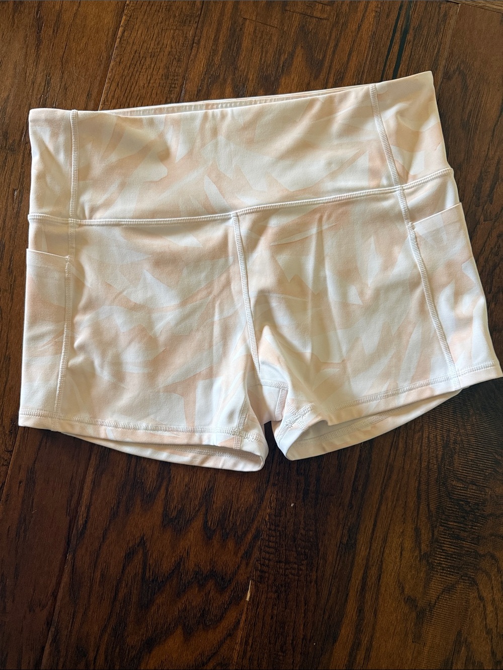 Athleta Light Peach & White Printed High-Waist Athletic Shorts